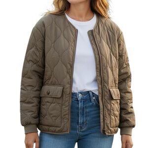 Joie Quilted Bomber Jacket Full Zip Olive Green Medium